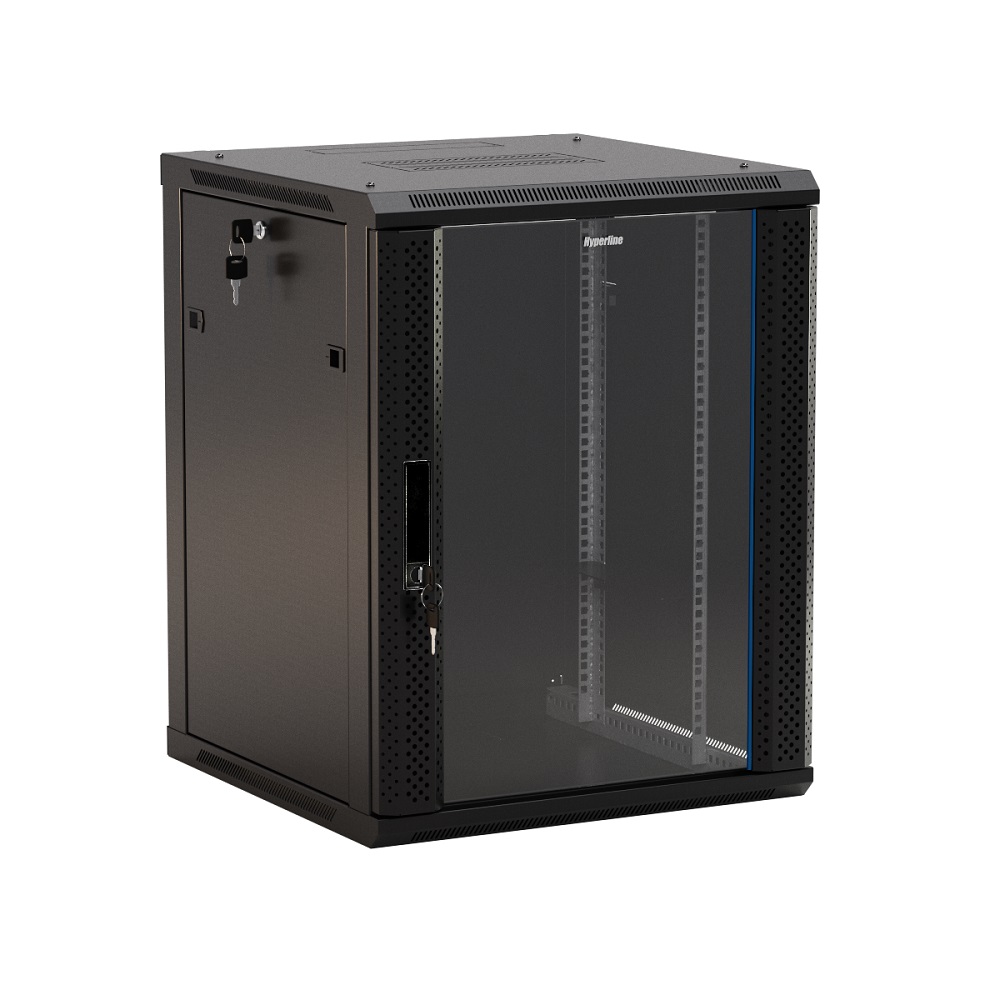 Шкаф TWB-1866-GP-RAL9004 телекоммуникационный 18U (908x600х600), дверь стекло с перфорацией по бокам, черный Hyperline