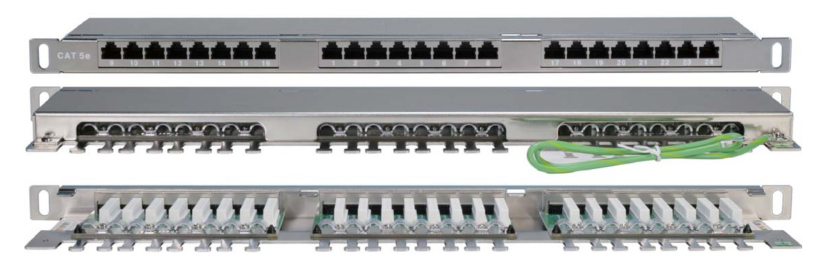 Патч-панель PPHD-19-24-8P8C-C5E-SH-110D высокой плотности 19", 0.5U, 24 порта RJ-45, категория 5E, Dual IDC, экранированная Hyperline